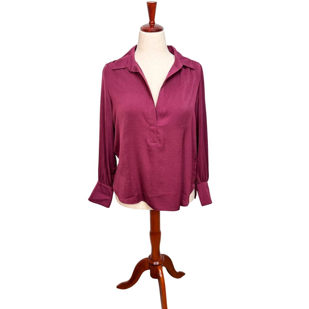 Banana Republic blouse long sleeve open neck collared tunic top wine red Sz M